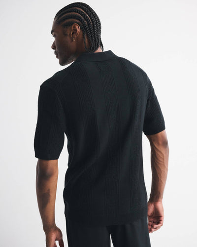 Textural Striped Johnny Collar Sweater Polo