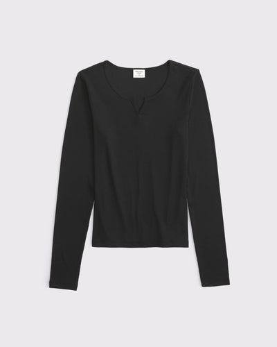 Long-Sleeve Rib Notch-Neck Top