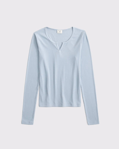 Long-Sleeve Rib Notch-Neck Top
