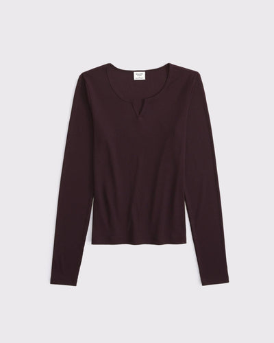 Long-Sleeve Rib Notch-Neck Top