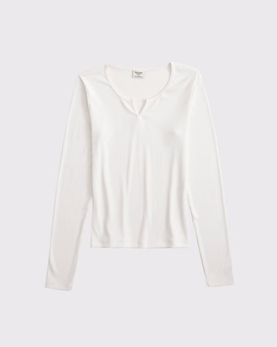 Long-Sleeve Rib Notch-Neck Top