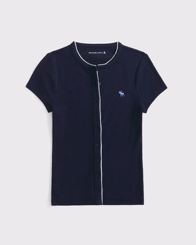 Short-Sleeve Rib Icon Button-Through Top
