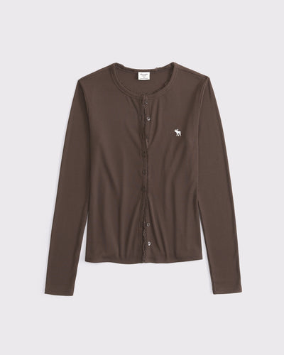 Long-Sleeve Powdered Rib Button-Through Icon Top