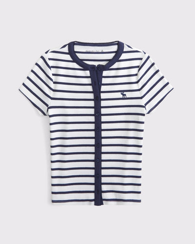 Short-Sleeve Rib Icon Button-Through Top