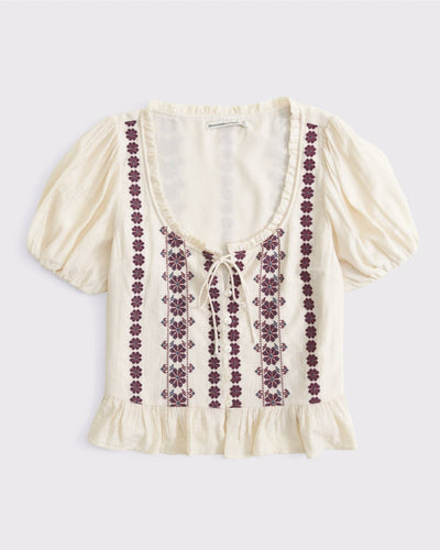 Embroidered Peplum Puff Sleeve Top