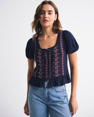 Embroidered Peplum Puff Sleeve Top