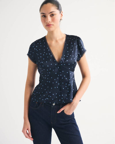 Slim Satin Short-Sleeve Blouse