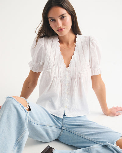 100% Cotton Pintuck Puff-Sleeve Blouse