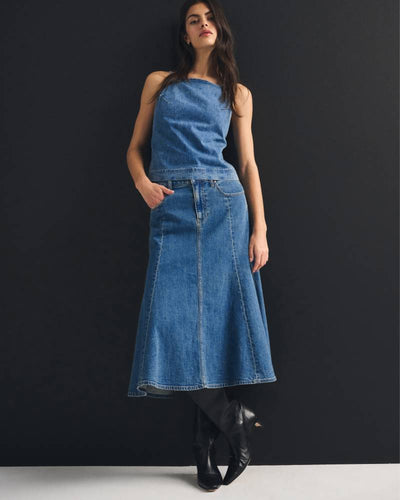 Linen-Blend Denim Midi Skirt