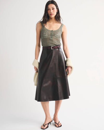 High Rise Vegan Leather Midi Skirt