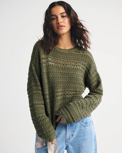 Open-Stitch Textural Crew Sweater