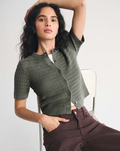 Textural Short-Sleeve Crew Cardigan