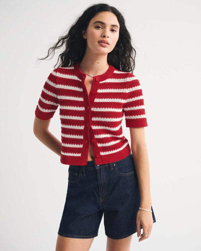 Textural Short-Sleeve Crew Cardigan