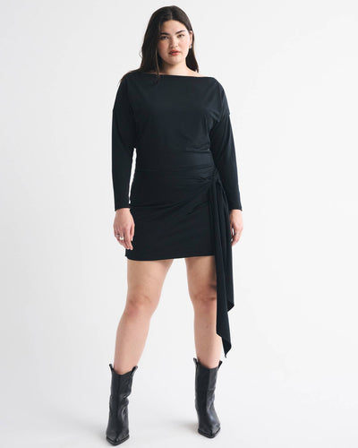 Long-Sleeve Draped Knit Mini Dress