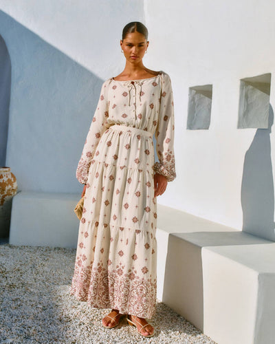 Long-Sleeve Tiered Waist Maxi Dress