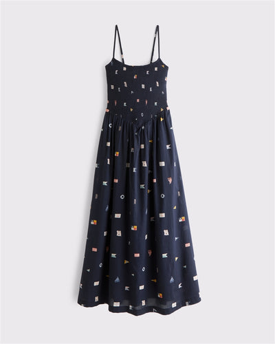 100% Cotton A&F Sydney Smocked Dipped-Waist Midi Dress