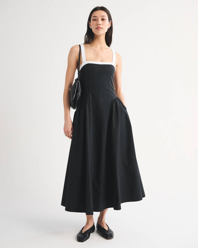 Ruched Neckline Dipped Waist Midi Dress