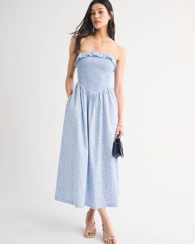 A&F Sydney Smocked Strapless Dipped-Waist Midi Dress