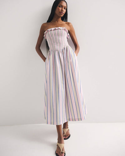 A&F Sydney Smocked Strapless Dipped-Waist Midi Dress