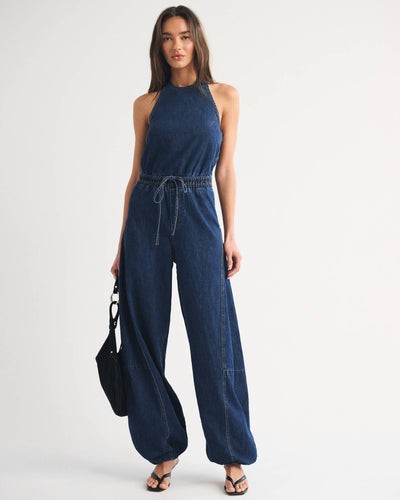 High-Neck Linen-Blend Denim Balloon Leg Jumpsuit
