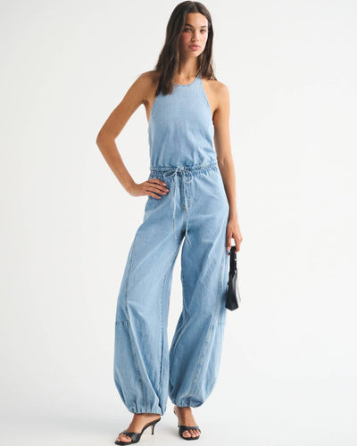 High-Neck Linen-Blend Denim Balloon Leg Jumpsuit