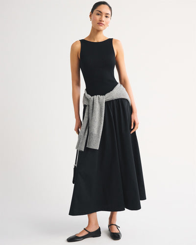 Mixed Fabric High-Neck Maxi Dress
