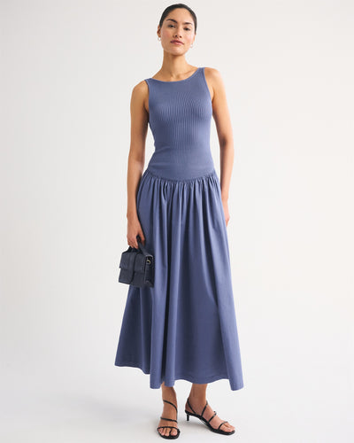 Mixed Fabric High-Neck Maxi Dress