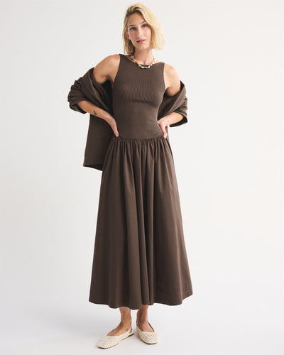 Mixed Fabric High-Neck Maxi Dress