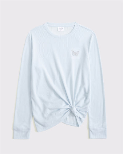 Long-Sleeve Knot-Front Waffle Tee