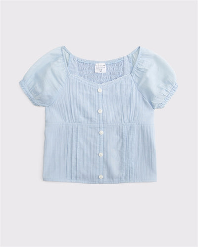 100% cotton button-through puff-sleeve top