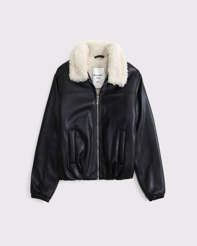 Faux Fur-Lined Vegan Leather Bomber Jacket
