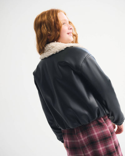 Faux Fur-Lined Vegan Leather Bomber Jacket