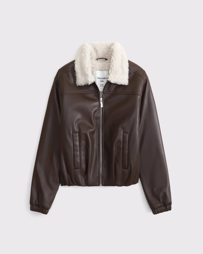 Faux Fur-Lined Vegan Leather Bomber Jacket