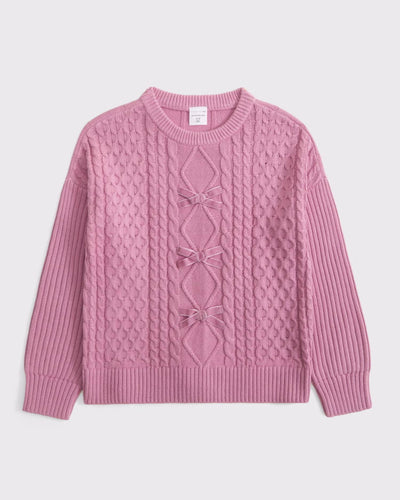 Oversized Bow Cable-Knit Crew Sweater