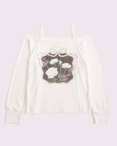 Long-Sleeve Off-The-Shoulder Graphic Tee